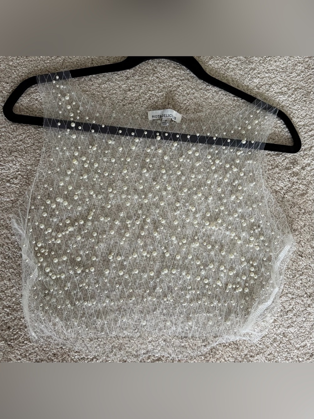 White Pearl-Embellished Sheer Mesh Top